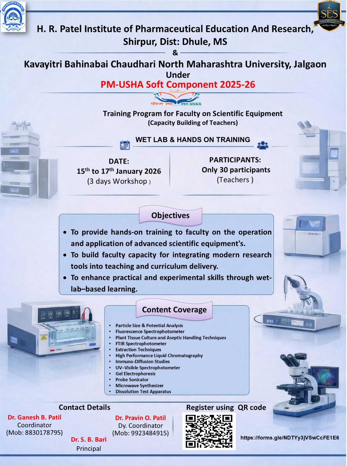 The program was held from 15th to 17th January 2026 at HRPIPER, Shirpur, focusing on capacity building and hands-on exposure to advanced scientific equipment.